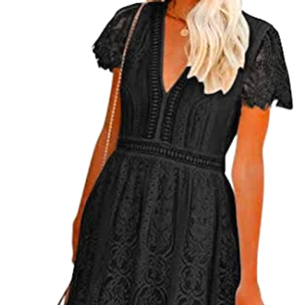 Women's V Neck Short Sleeve Black Maxi Lace Dress